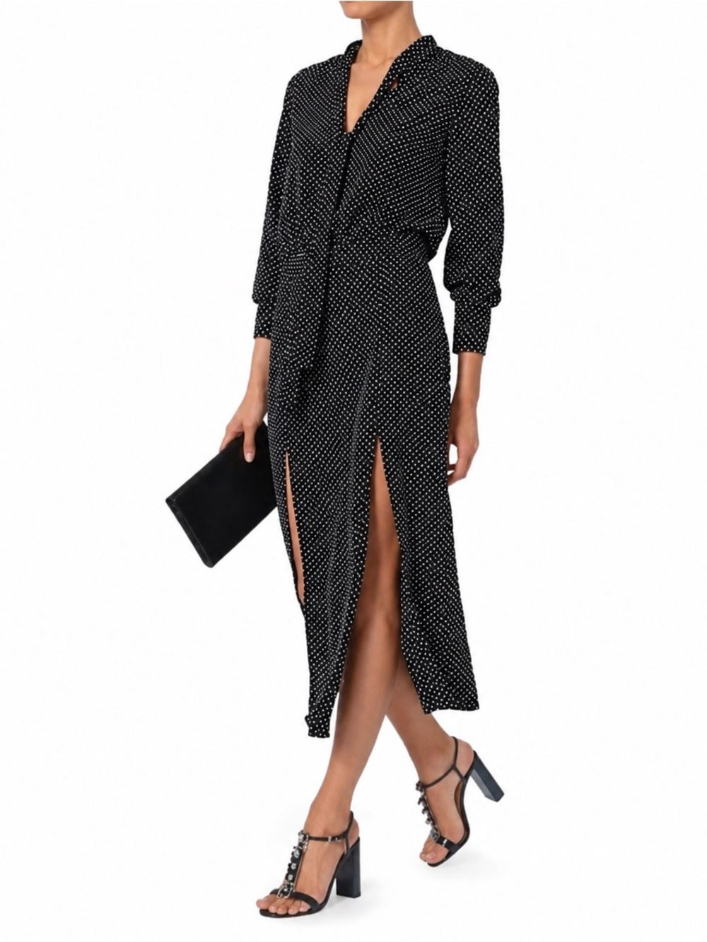 ALEXIS Noelle Polka-Dot Tie-Neck Slit Midi Dress XS